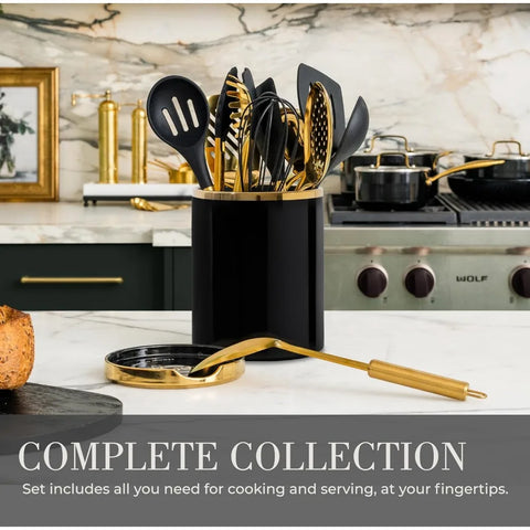 Styled Settings Black and Gold Cooking Utensils Set -13 PC Black and Gold Kitchen Utensils Set Includes Black Ceramic Utensil