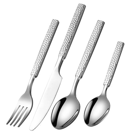 Thicken Stainless Steel Cutlery Set Western Hammered Pattern Spoon Fork Knife Dinnerware Set Tableware Utensils for Kitchen