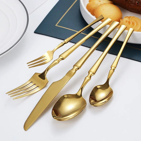 30pcs Glossy Gold Dinnerware Set Stainless Steel Tableware Knife Tea Fork Coffee Spoon Flatware Dishwasher Safe Dinner Cutlery