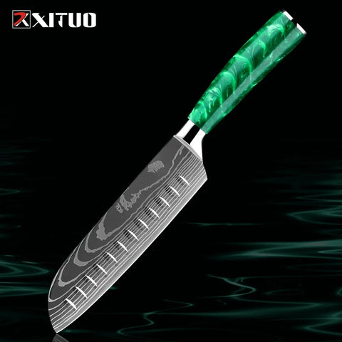 Pro Chef Knife Set 1-8PCS,7Cr17Mov Steel Kitchen Cooking Knives Utility Knife Super sharp Blade Ergonomic Green Resin Handle