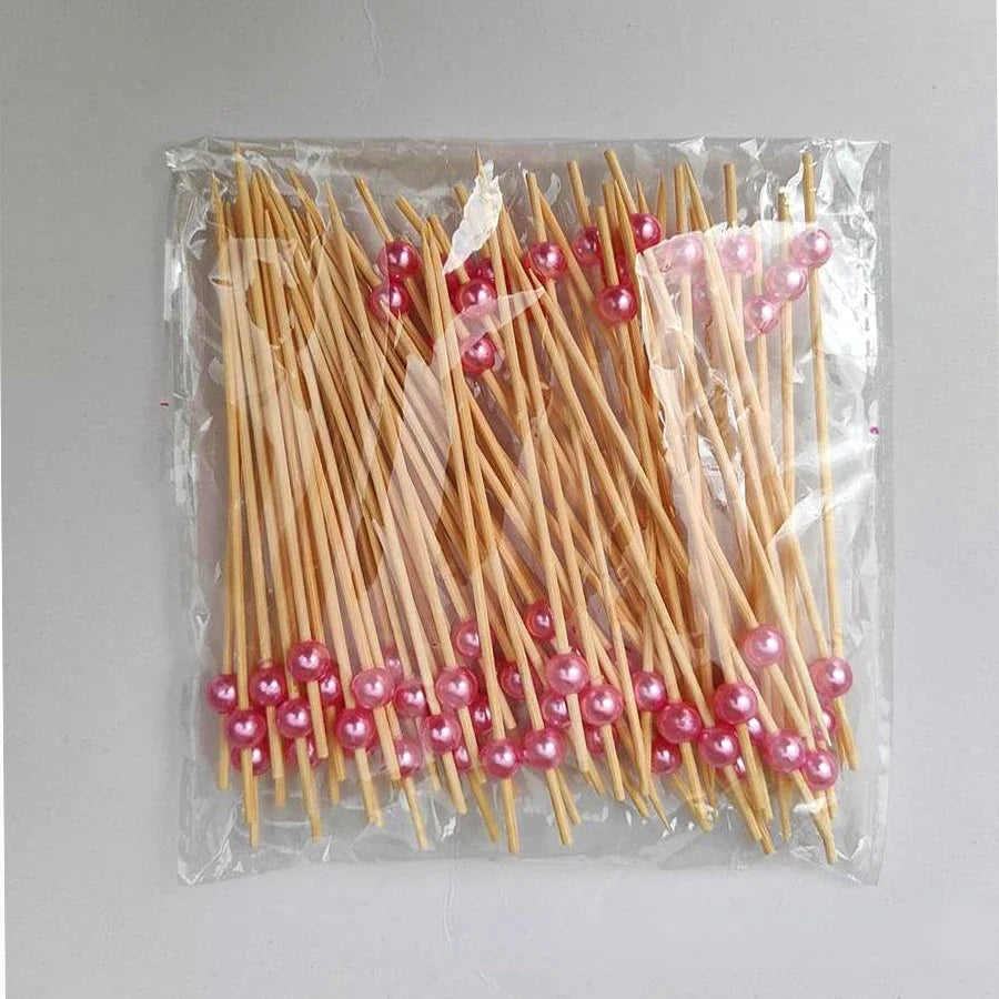 100Pcs Gold Beads Bamboo Fruit Sticks 12cm Fruit Salad Snack Fork Cocktail Decor Cake Buffet Toothpicks Wedding Party Supplies