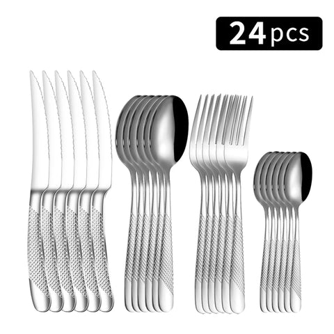 24pc Stainless steel tableware star steak knife and fork dessert fork spoon family suits