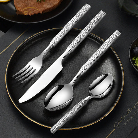 Thicken Stainless Steel Cutlery Set Western Hammered Pattern Spoon Fork Knife Dinnerware Set Tableware Utensils for Kitchen