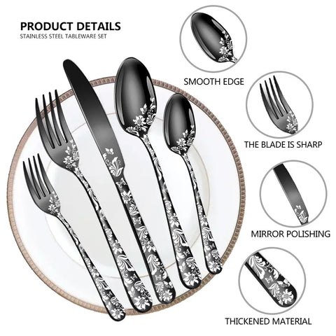 20Pcs Explosive Pattern Stainless Steel Cutlery Set Luxury Western Steak Dinnerware Set Knife Fork Spoon Set Tableware Black New