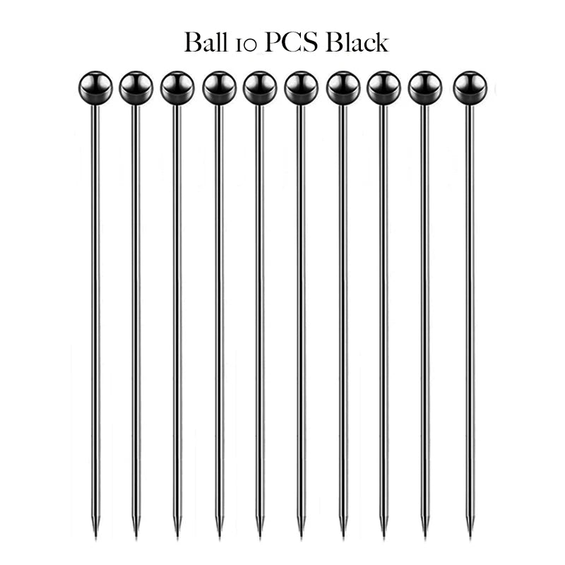 10PCS Cocktail Pick Cocktail Stick Stainless Steel Fruit Sticks Drink Stirring Sticks Martini Picks- Circle/Ball/Hat Shape