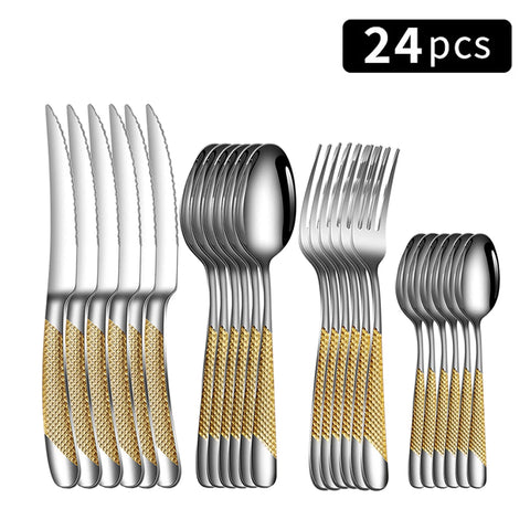 24pc Stainless steel tableware star steak knife and fork dessert fork spoon family suits