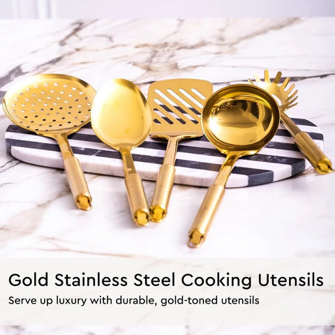 Gold Kitchen Utensils Set - 19 PC Luxury Set Includes Stainless Steel Gold Cooking Utensils Set, White Silicone Cooking Utensils