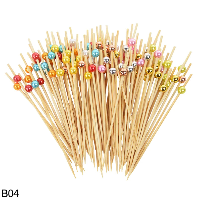 100pcs Gold Silver Beads Bamboo Fruit Salad Snack Sticks Cocktail Decor Buffet Toothpicks Skewer Wedding Birthday Party Supplies