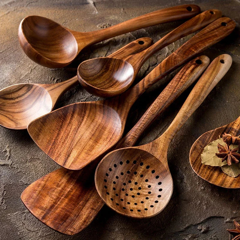 7pcs/set Teak Natural Wood Tableware Spoon Colander Spoon Special Nano Soup Skimmer Cooking Spoon Wooden Kitchen Tool Kit
