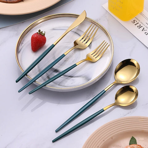 5 Pcs Mirror Stainless Steel Black Gold Silver Cutlery Tableware Knife Coffee Spoon Salad Fork Flatware Set Dishwasher Safe