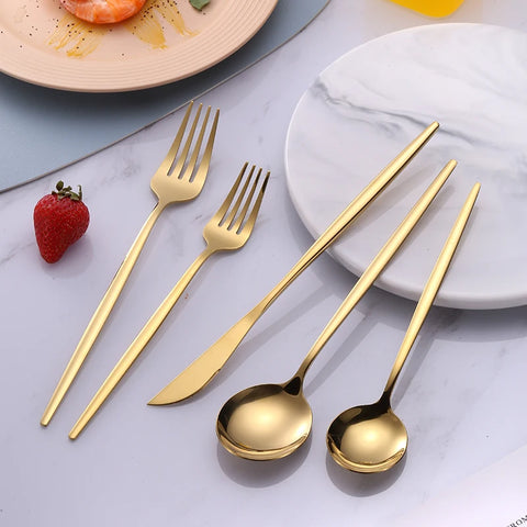 5 Pcs Mirror Stainless Steel Black Gold Silver Cutlery Tableware Knife Coffee Spoon Salad Fork Flatware Set Dishwasher Safe