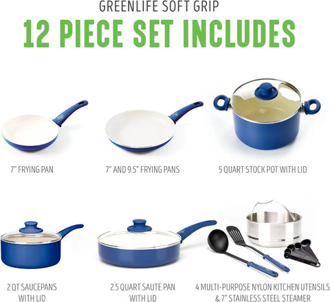 GreenLife Soft Grip Healthy Ceramic Nonstick 12 Piece Cookware Pots and Pans Set, PFAS-Free, Dishwasher Safe, Blue