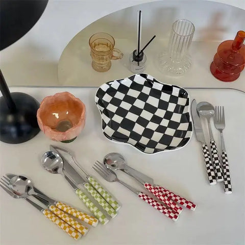 Korean Checkerboard Knife Fork Spoon Stainless Steel Cutlery Fork Knife Soup Dessert Ice Spoon Complete Dinner Dinnerware Set