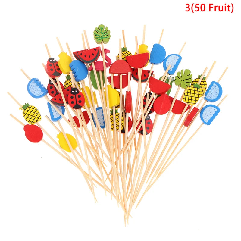 50/100Pcs Disposable Bamboo Skewers Food Cocktail Picks Buffet Fruit Cupcake Fork Sticks Party Table Decoration Supplies