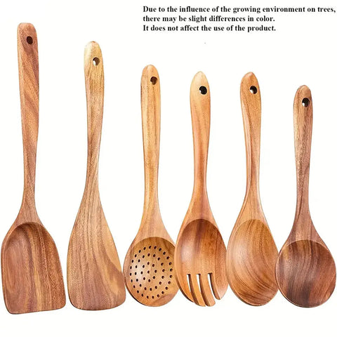 Set of 6 Wooden Cooking Spoons, Natural Teak Wood Cooking Utensils Non-Stick Wooden Spatula Set Wooden Kitchen Utensils