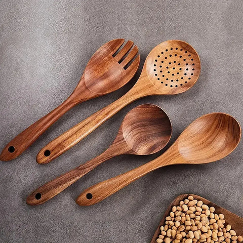 Set of 6 Wooden Cooking Spoons, Natural Teak Wood Cooking Utensils Non-Stick Wooden Spatula Set Wooden Kitchen Utensils wiktra