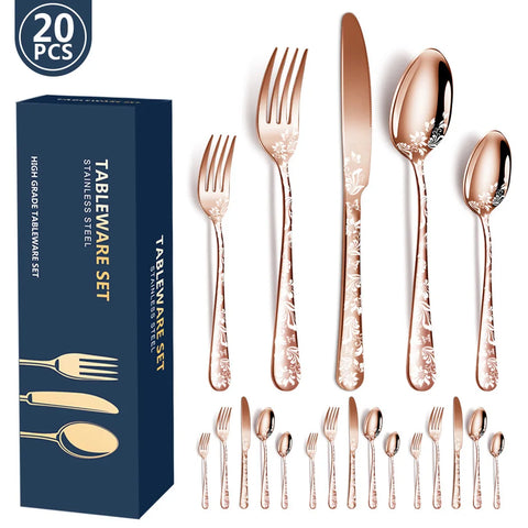 20Pcs Explosive Pattern Stainless Steel Cutlery Set Luxury Western Steak Dinnerware Set Knife Fork Spoon Set Tableware Black New