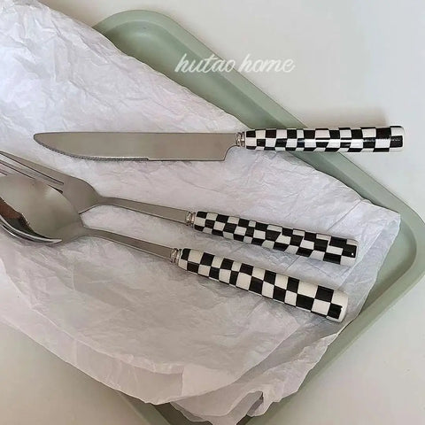 Korean Checkerboard Knife Fork Spoon Stainless Steel Cutlery Fork Knife Soup Dessert Ice Spoon Complete Dinner Dinnerware Set