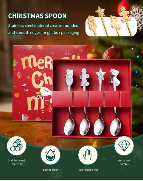 4pcs Stainless Steel Christmas Coffee Spoons Gold/Silver  With Gift Box  Gingerbread Man Dessert Spoons Cutlery Spoon Xmas Gift