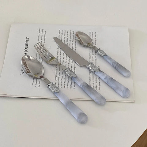 Stainless Steel Flatware Set, Knife, Fork, Spoon, Marble Plastic Handle, Household Light, Luxury Dessert Scoop, Steak Sword