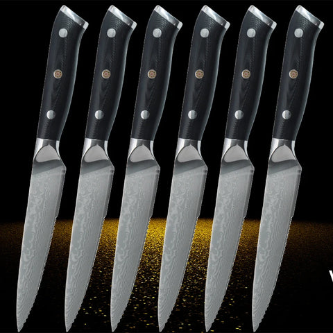 Damascus Stainless Steel Steak Knife Set Ultra-sharp Serrated Beef Knives Dinner Tablewares Steak Knives Cutlery Table Knife Set