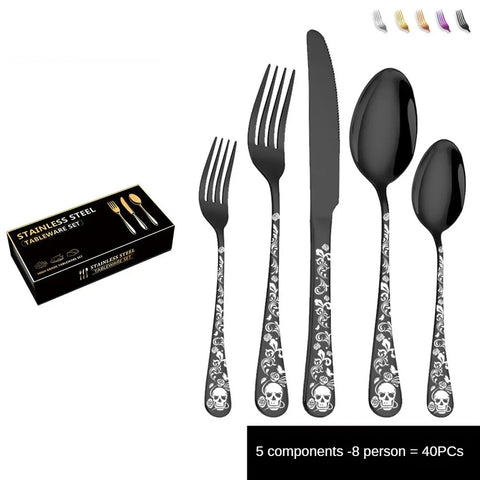 Stainless steel knife, fork and spoon set tableware Skull Western food gift box with 5 components for 4 people /8 people