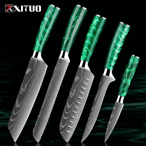 Pro Chef Knife Set 1-8PCS,7Cr17Mov Steel Kitchen Cooking Knives Utility Knife Super sharp Blade Ergonomic Green Resin Handle