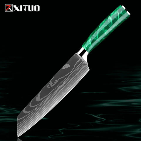 Pro Chef Knife Set 1-8PCS,7Cr17Mov Steel Kitchen Cooking Knives Utility Knife Super sharp Blade Ergonomic Green Resin Handle