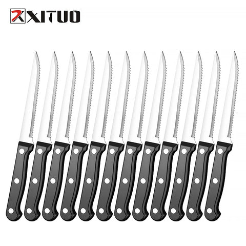 XITUO 6/8/10/12 PCS Steak Knife Sets High Carbon Steel Flatware Kitchen Tableware Chef Utility Serrated Knife Black ABS Handle