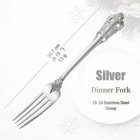 Stainless Steel Silver Flatware Set, Vintage Cutlery, Hollow Handle, Silverware for Wedding, Baroque, 18/10, Glossy Gold