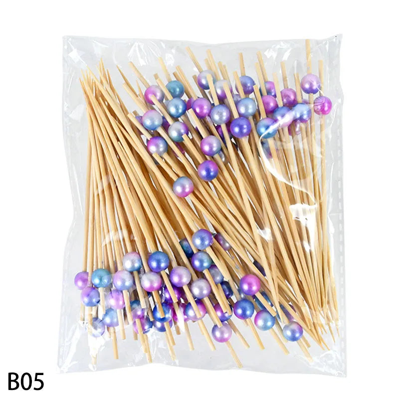 100Pcs Pearl Disposable Bamboo Skewers Wooden Cocktail Picks Fruit Picks Snack Fork Skewer Wedding Birthday Party Supplies