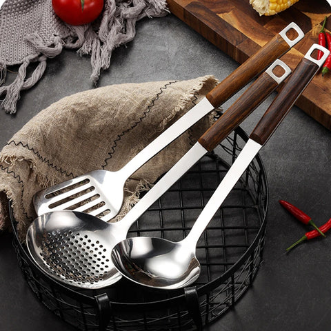 Hanging Wood Clip Handle Cooking Utensils Stainless Steel Spatula Colander Frying Spatula Soup Spoon Kitchen Accessories