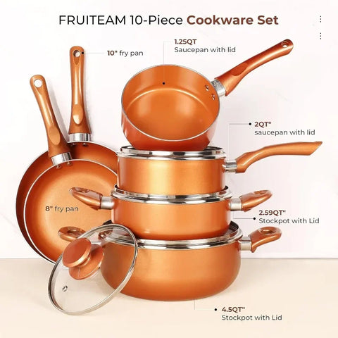 10pcs Cookware Set Ceramic Nonstick Soup Pot/Milk Pot/Frying Pans Set | Copper Aluminum Pan With Lid