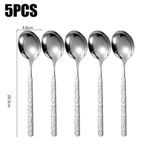 1/10pcs Stainless Steel Round Spoon Long Handle Dessert Spoons Restaurant Tableware Eating Spoon Soup Scoops Kitchen Gadgets