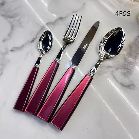 Stainless Steel Dinnerware Set with Luxurious Seashell Handle, Red and White Dinner Knife, Scoop and Fork