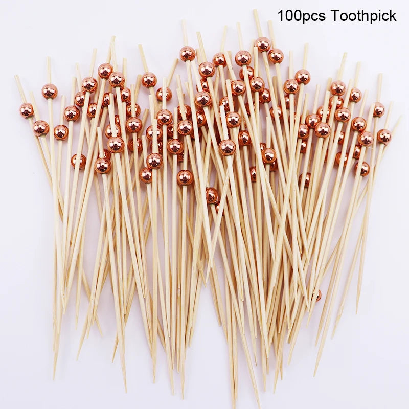 100pcs Pearl Bamboo Food Fruit Picks Fancy Cocktail Toothpicks For Birthday Wedding Valentine's Day Decoration Party Supplies