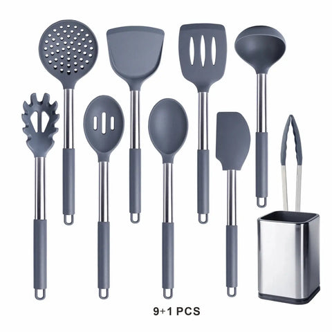 Silicone Cooking Tools Kit Non Stick Kitchen Utensil Set Accessories Spatula Shovel  Stirring Spoon Whisk Brush Heat Resistant