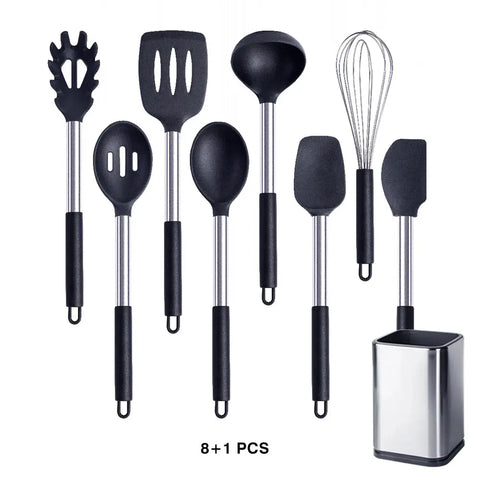 Silicone Cooking Tools Kit Non Stick Kitchen Utensil Set Accessories Spatula Shovel  Stirring Spoon Whisk Brush Heat Resistant