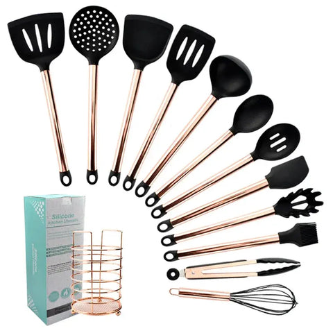 Silicone Kitchenware Cooking Utensils Set Non-stick Cookware Spatula Shovel Egg Beaters Wooden Handle Kitchen Cooking Tool Set