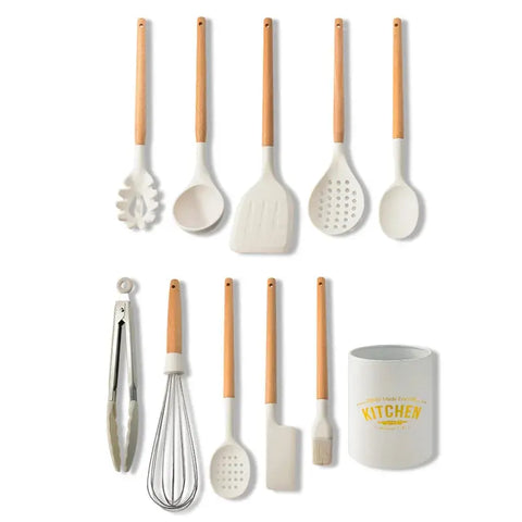 Silicone Kitchenware Cooking Utensils Set Non-stick Cookware Spatula Shovel Egg Beaters Wooden Handle Kitchen Cooking Tool Set