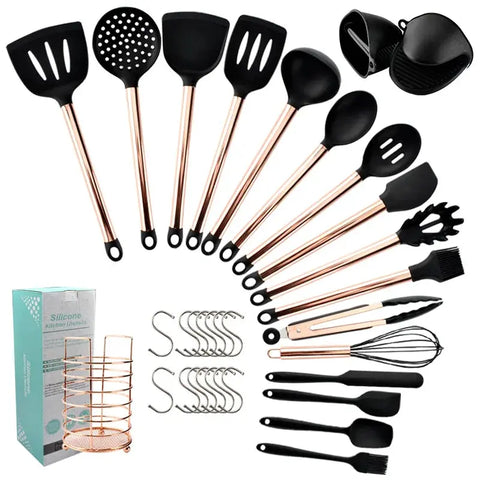 Silicone Kitchenware Cooking Utensils Set Non-stick Cookware Spatula Shovel Egg Beaters Wooden Handle Kitchen Cooking Tool Set