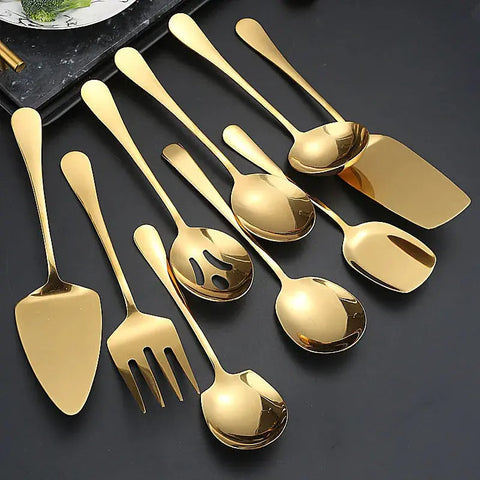 Stainless Steel Dinner Serving Spoon Public Tableware Steak Fork Shovel Buffet Distributing Soup Spoons Colander Kitchen Cutlery wiktra