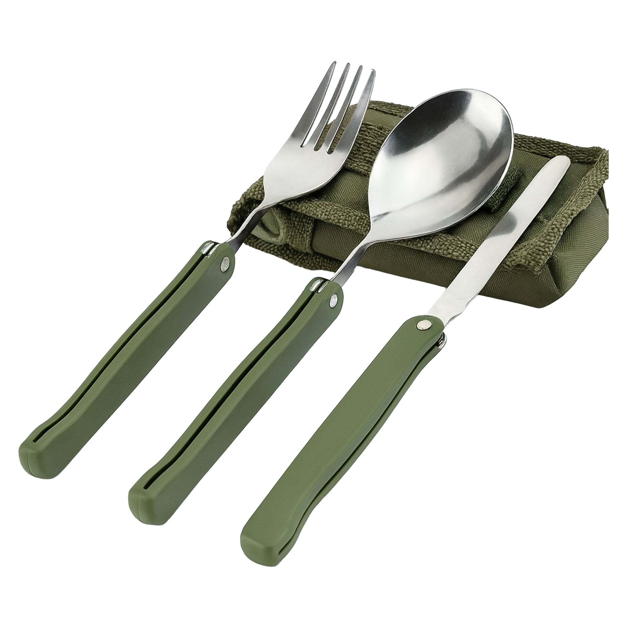 Stainless Steel Folding Camping Cutlery Set with Green Pouch
