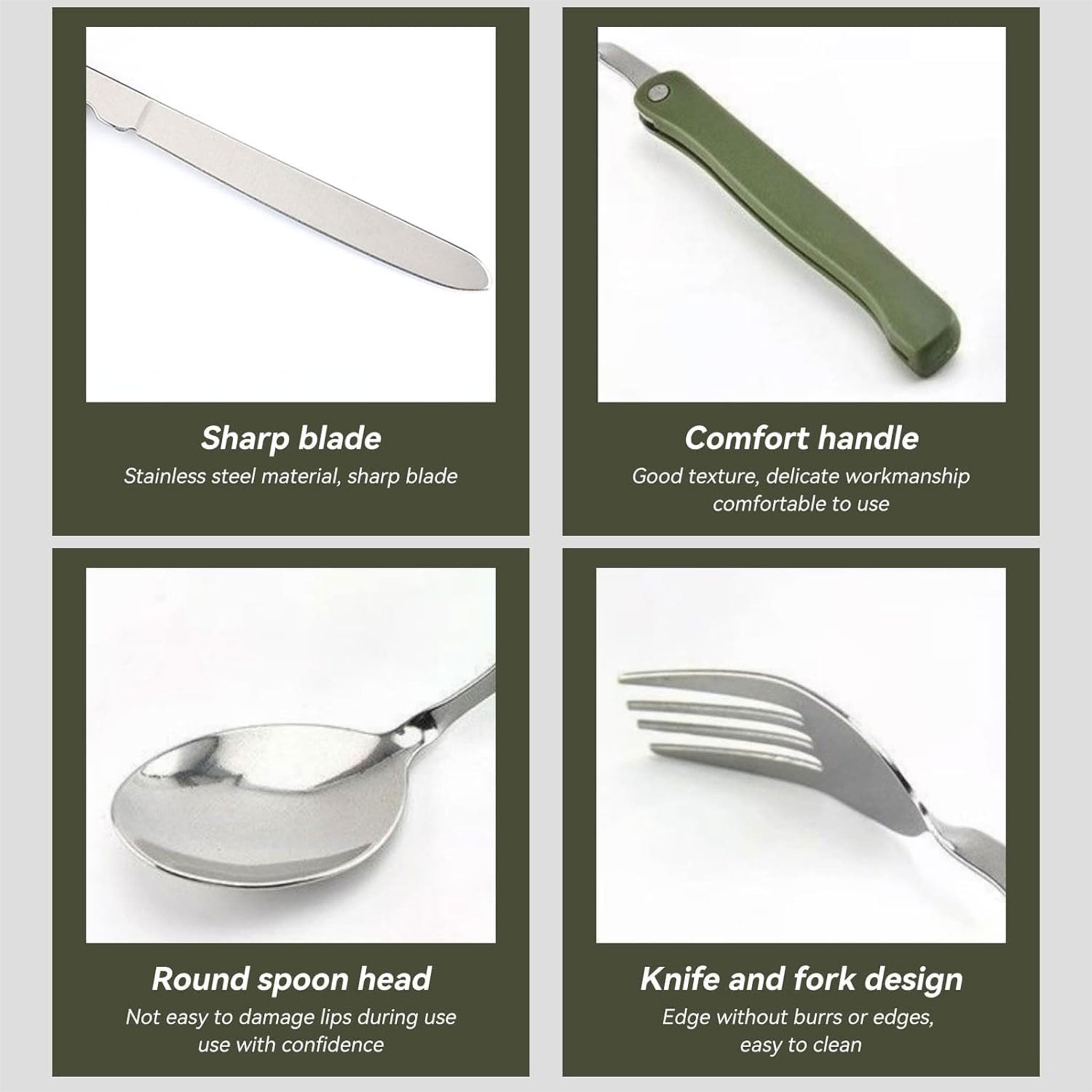 Stainless Steel Folding Camping Cutlery Set with Green Pouch