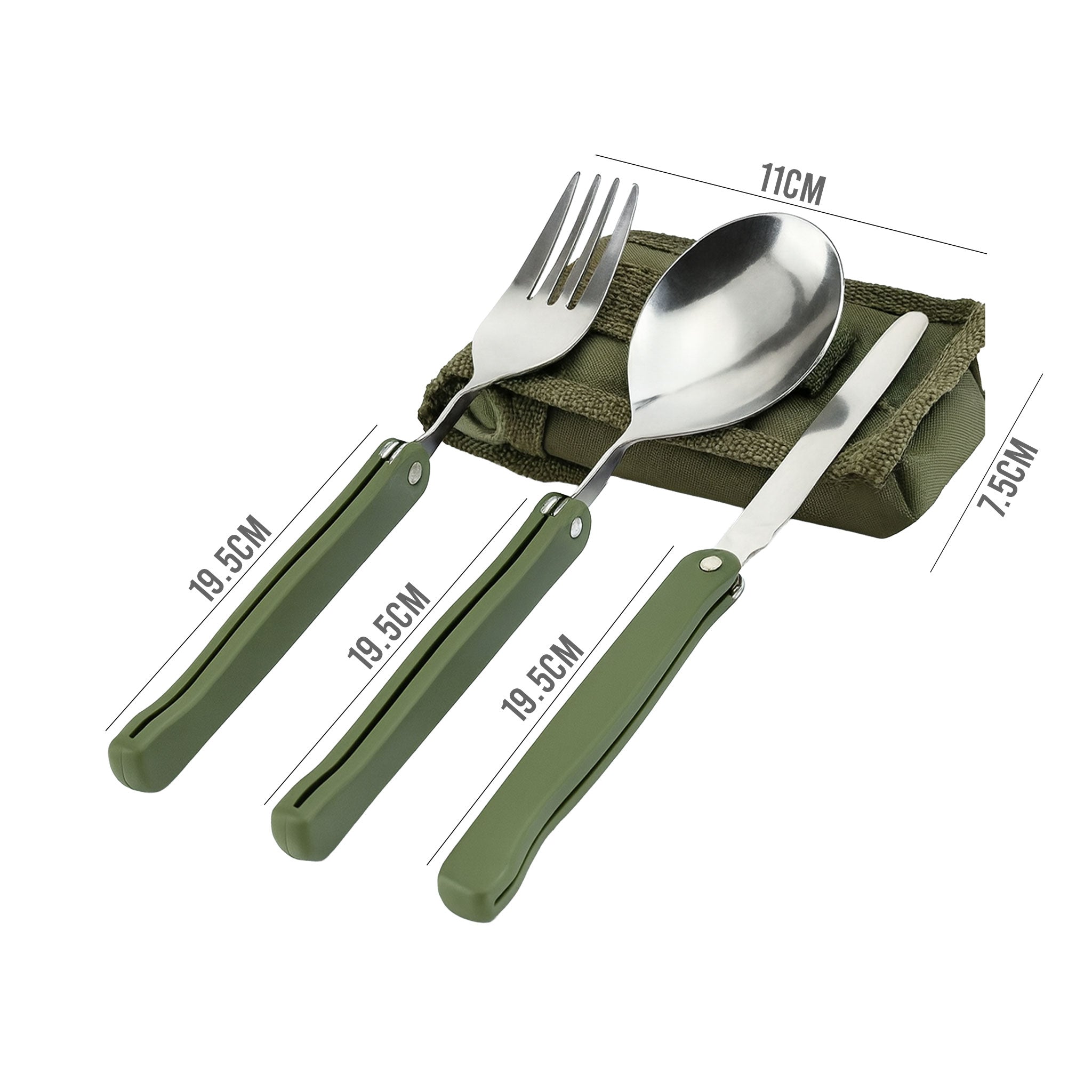 Stainless Steel Folding Camping Cutlery Set with Green Pouch