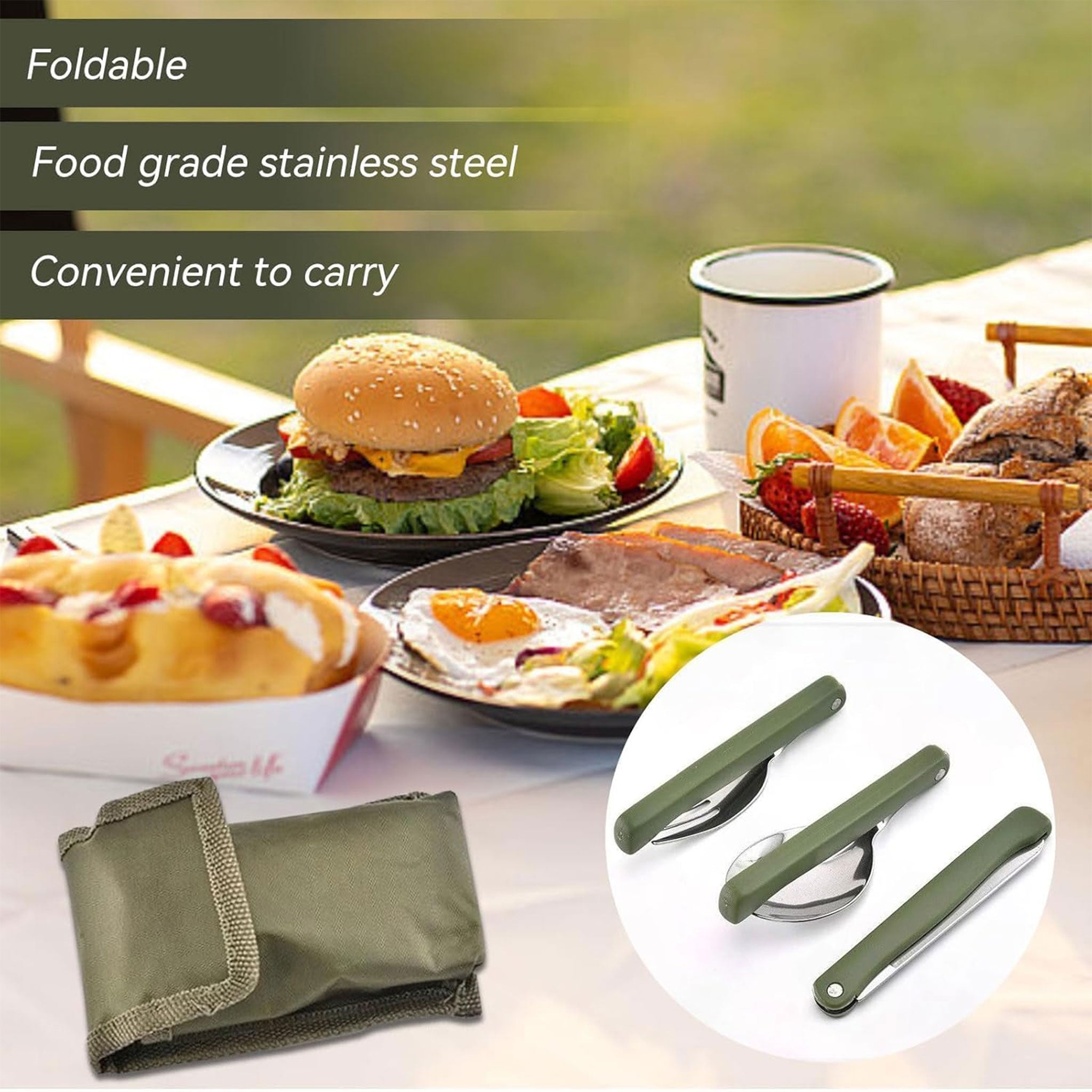 Stainless Steel Folding Camping Cutlery Set with Green Pouch