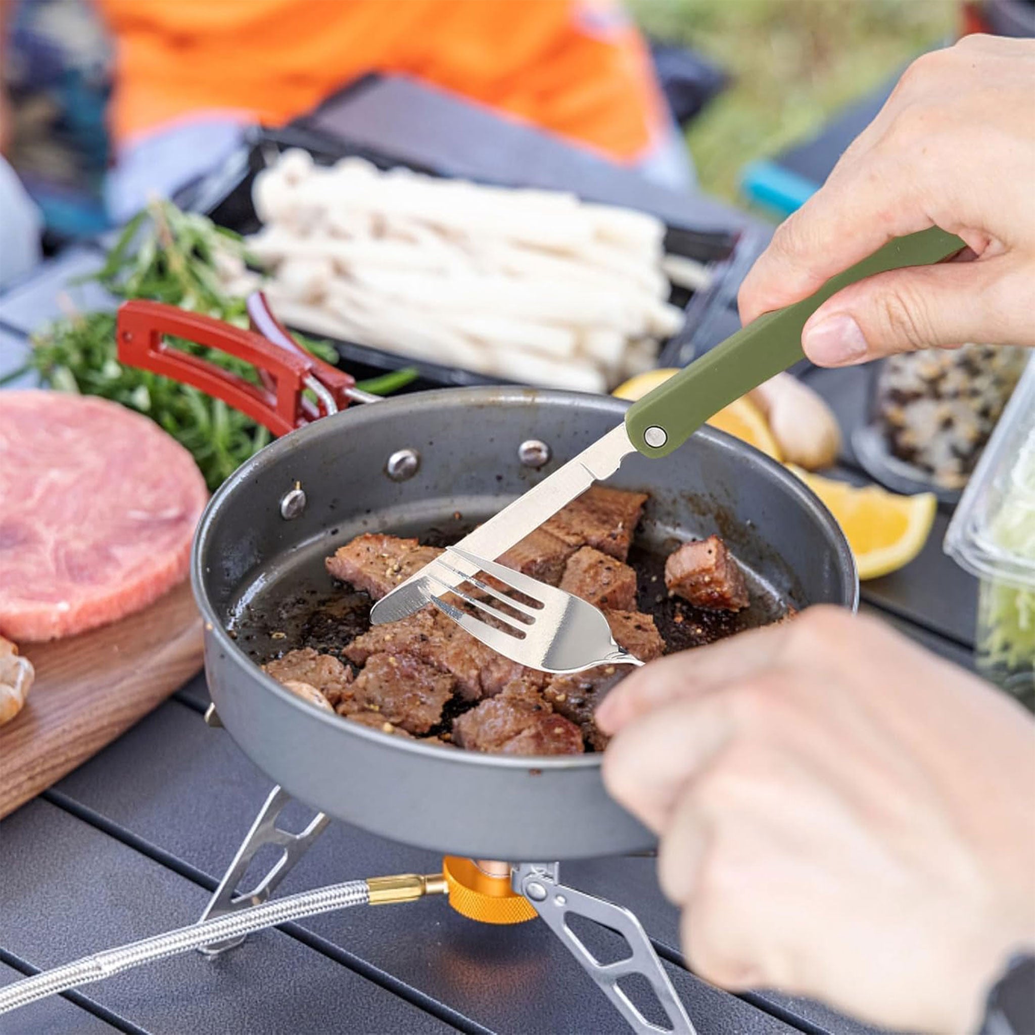 Stainless Steel Folding Camping Cutlery Set with Green Pouch