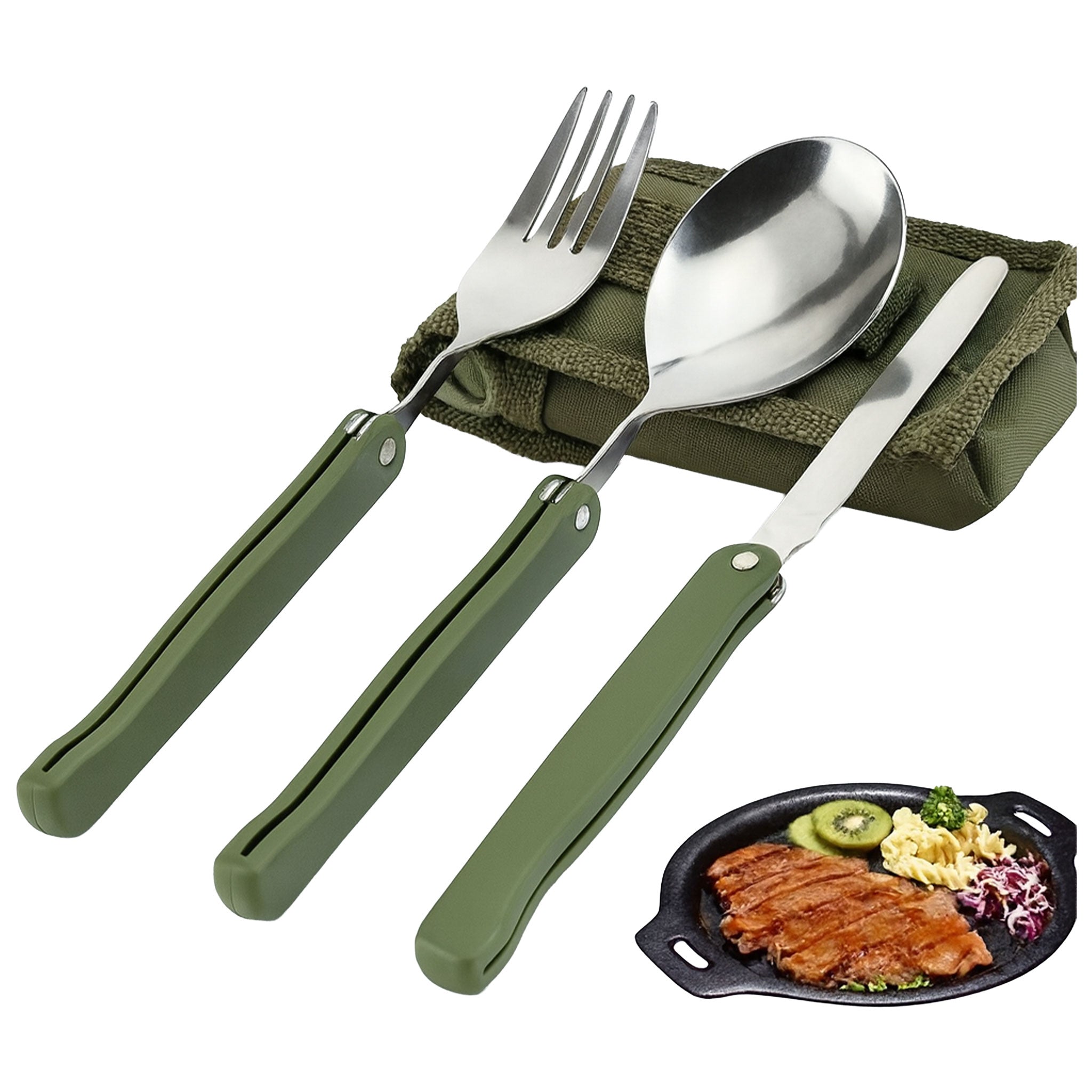 Stainless Steel Folding Camping Cutlery Set with Green Pouch