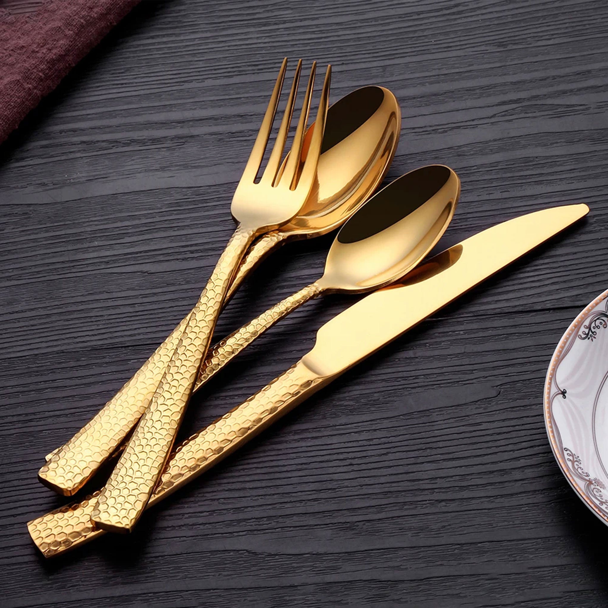 Stainless Steel Gold Cutlery Set – 4/8/12pcs Hammered Handle