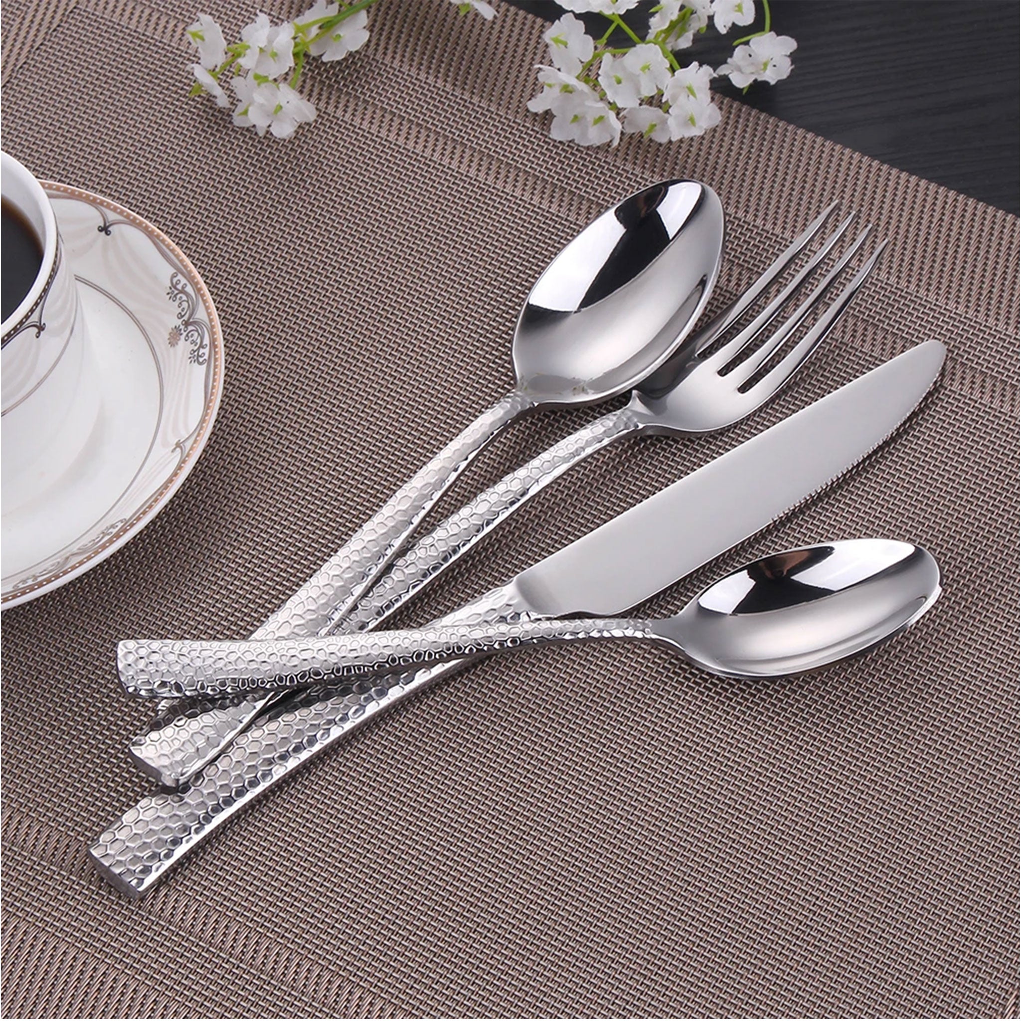 Stainless Steel Gold Cutlery Set with Hammered Handle – 4/8/12pcs